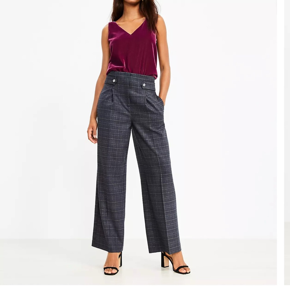 LOFT NWT Grey/Blue Plaid Trousers High Waist Wide-Leg